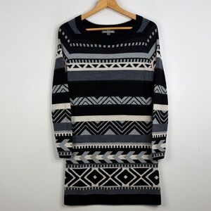 Smartwool Sweater Dress Womens Large Black Gray Wool Knit Fair Isle Stripe Slim